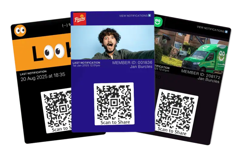 Three branded wallet passes showing QR codes and branding opportunities for brands and creators using PushPass wallet pass platform