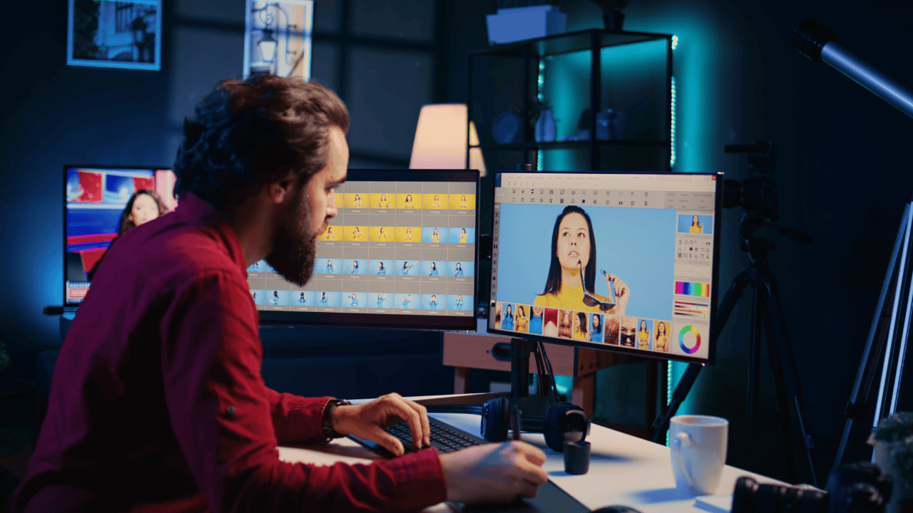 A YouTuber editing video thumbnails and graphics on a dual-monitor setup. Ideal image for blog posts about YouTube tools, creator productivity, or how to be successful on YouTube in 2025.