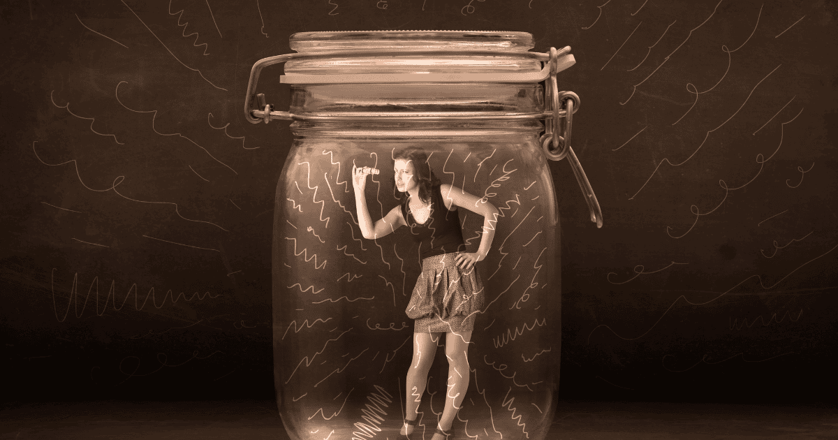 Woman in a jar not understanding the influence press and large numbers have on culture