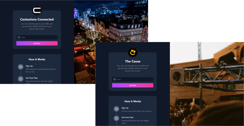 Digital loyalty cards that reward your fans and give you a direct-to-fan connection. Sign-up page branded for each brand