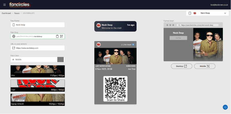 A screenshot of the PushPass dashboard, showing the interface for designing a mobile wallet pass for a creator brand. It displays options to upload artwork, set colors, and preview how the pass and push notifications will appear on mobile, highlighting the ease of branding and instant sharing described in the page content.