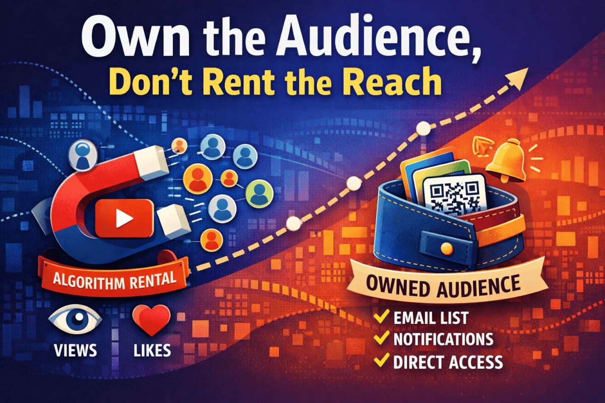 Illustration showing the difference between rented reach through algorithms and owned audience through direct access for creator agencies