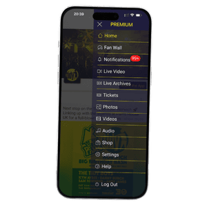 Complete Superfan app with menu. On iPhone.