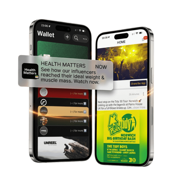 Audience engagement platforms PushPass and Super Fan apps showing two phones with both interfaces and the notification