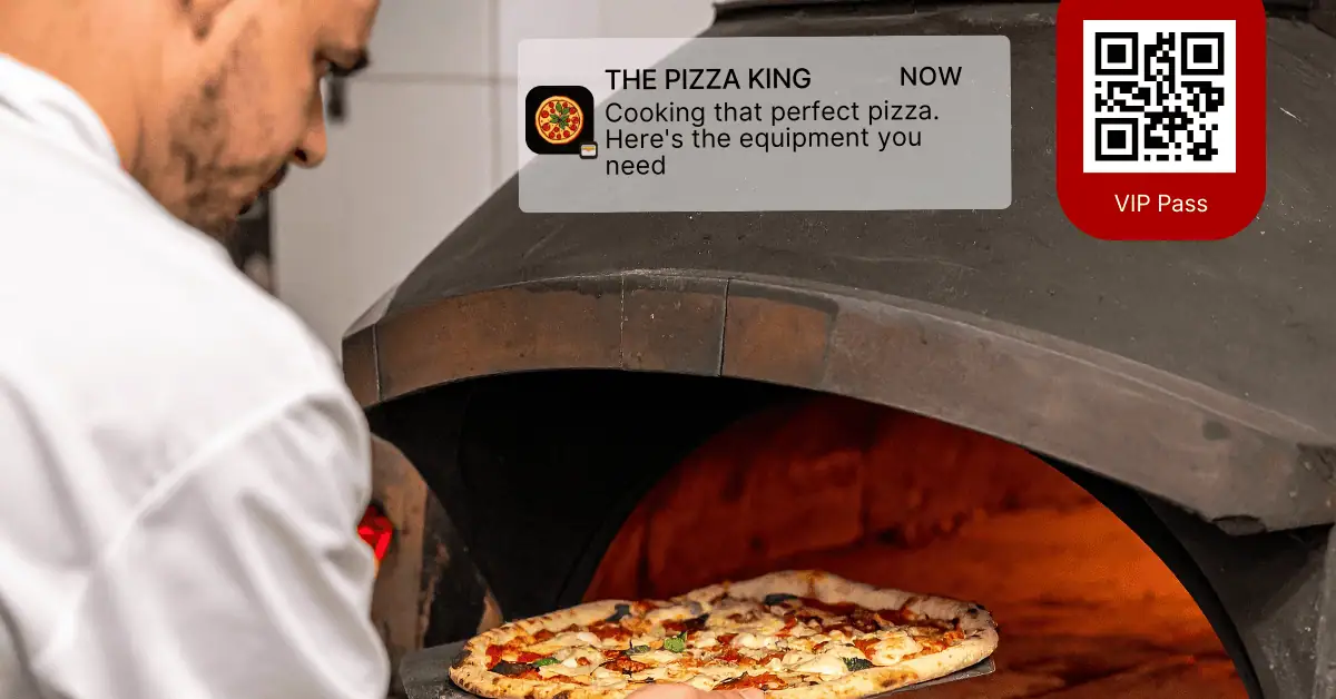 Connected TV QR code showing a VIP pass while a food creator cooks pizza on screen