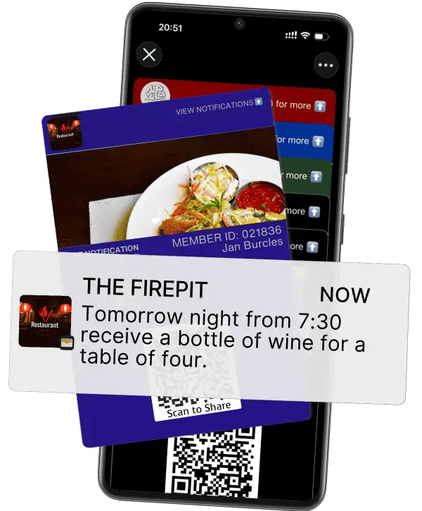Phone showing an influencer branded wallet pass with a visible tier name, plus a lock screen notification. Include a QR code in the visual and a small “link in bio” cue so both entry methods are obvious.