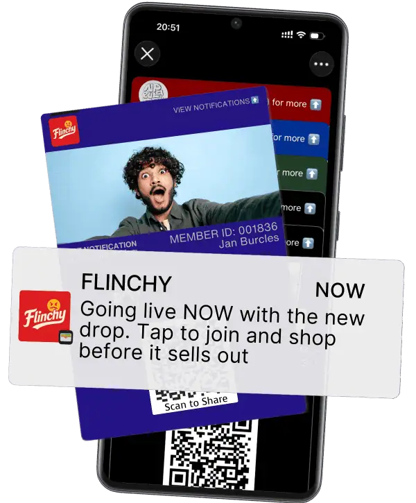 Phone showing a creator branded Wallet Pass with tier status visible, alongside a lock screen notification announcing a new video or exclusive drop. QR code visible in the visual language.