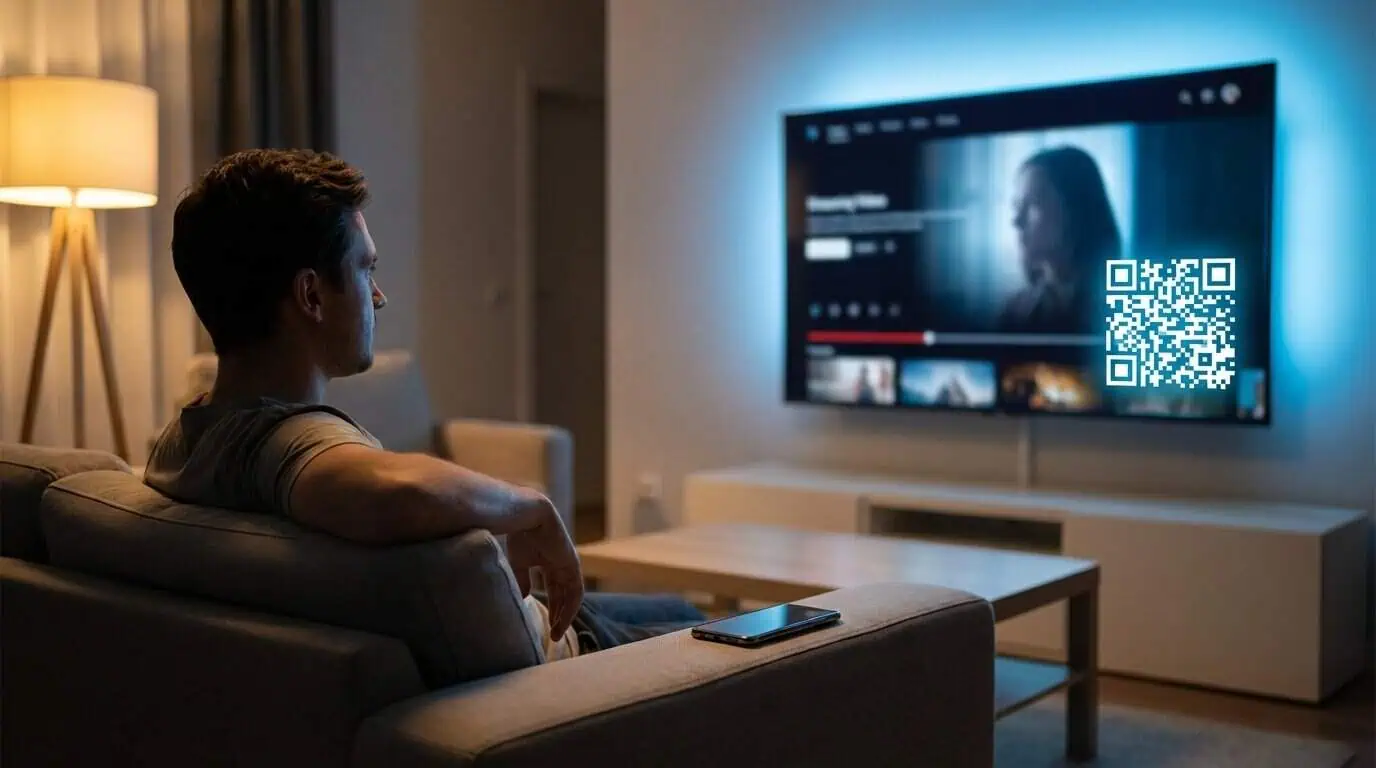 QR code underperforming on YouTube and TV showing a viewer on a sofa looking at a TV screen displaying a QR code while their phone sits untouched beside them