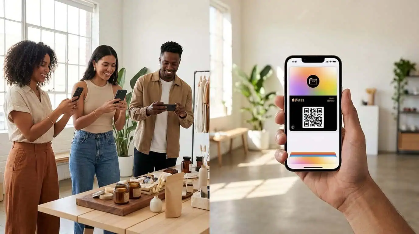 Brand ambassador program showing multiple creators filming content with their phones while branded wallet passes appear on a smartphone screen in the foreground