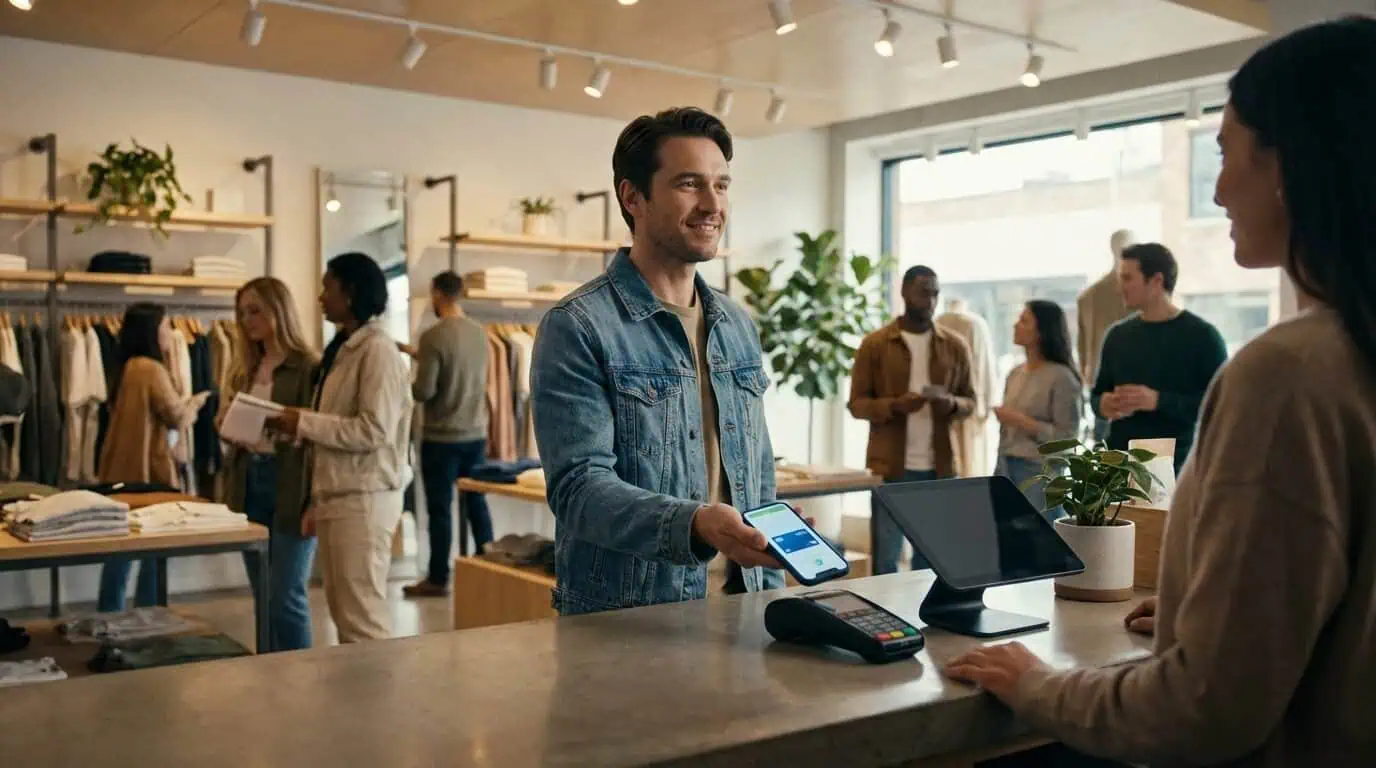 Customer holding a smartphone at a modern retail counter, illustrating brand loyalty examples where repeat customers engage directly with brands through mobile channels