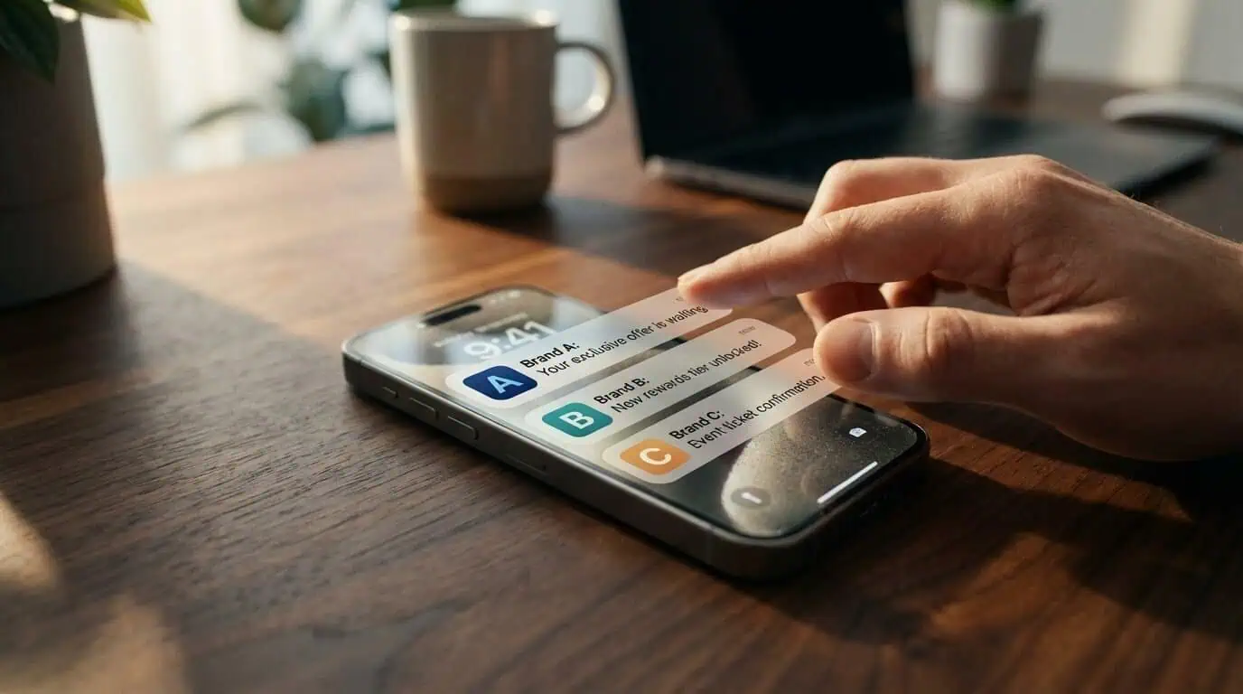 Smartphone on a desk showing three branded push notifications on the lock screen, demonstrating how brand loyalty strategies use direct notification channels to reach audiences without an app