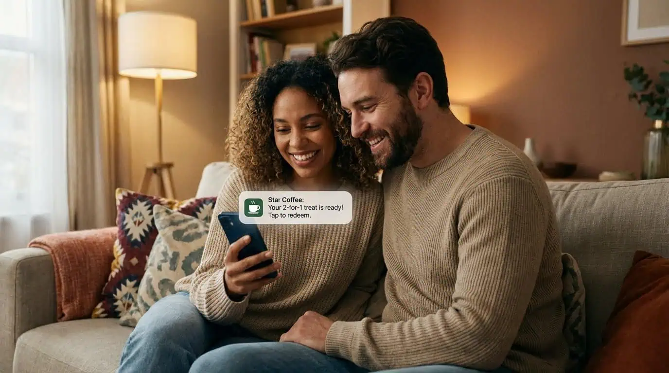 Two friends sharing a push notification on a smartphone, illustrating how emotional connection between brands and their audience is built through presence and shared experiences