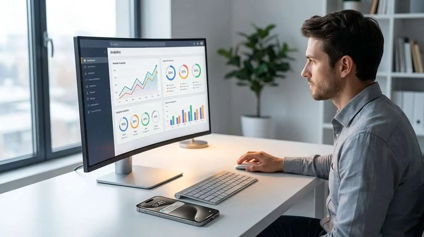 Marketing professional analysing brand loyalty metrics on a dashboard with a smartphone showing a push notification on the desk, illustrating how to measure brand loyalty through behavioural data rather than programme sign-ups
