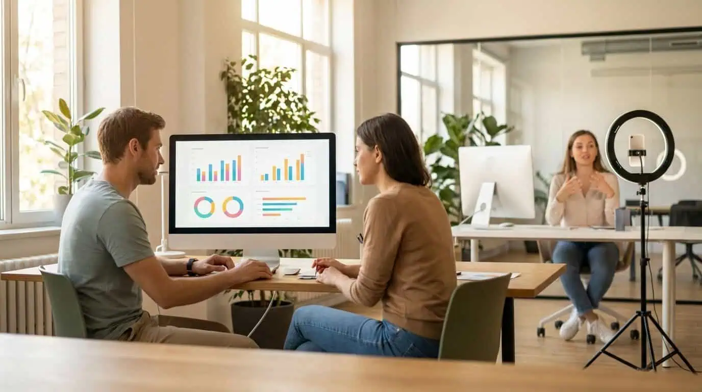 Influencer marketing best practices showing a brand marketing team reviewing campaign performance data on a screen while a creator films content in the background