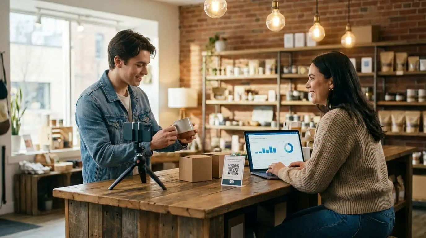 Influencer marketing for small business showing a creator filming product content on a smartphone while a small business owner watches the engagement results on a laptop in a bright independent retail space