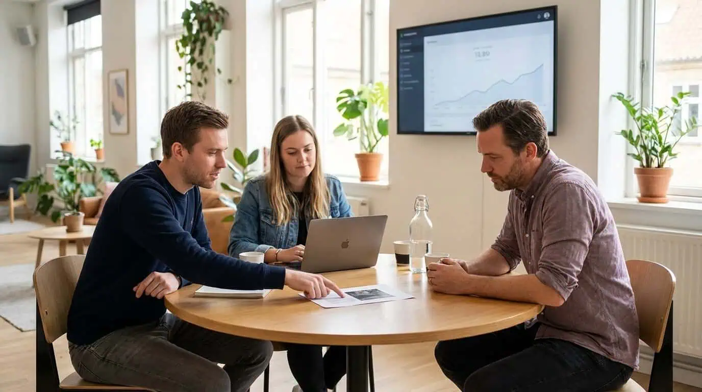 Influencer marketing agency team presenting campaign results to a client across a casual meeting table with a one-page summary visible and a dashboard on a screen behind them