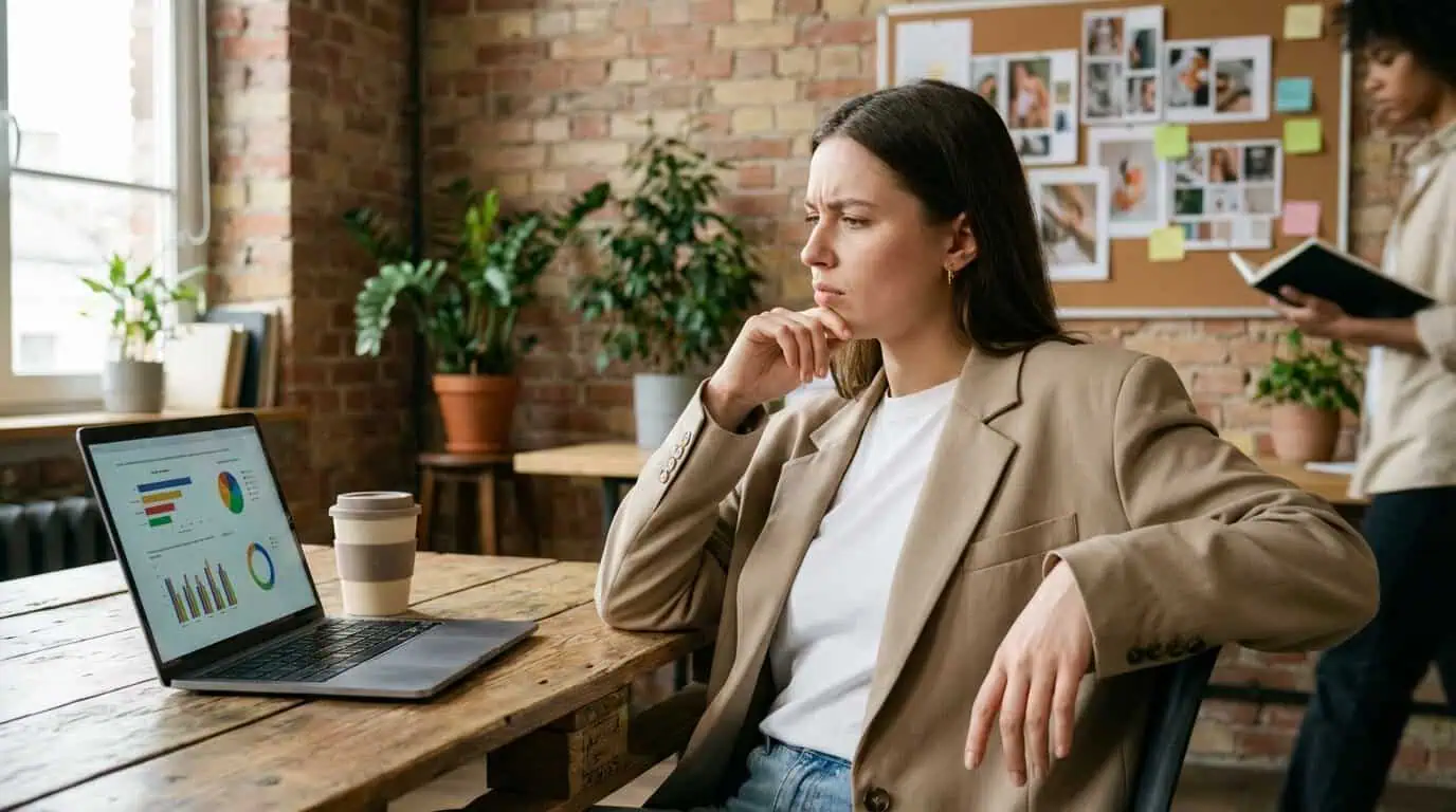 Agency account manager reviewing an influencer campaign report on a laptop showing engagement metrics while looking uncertain about how to present the results to a client