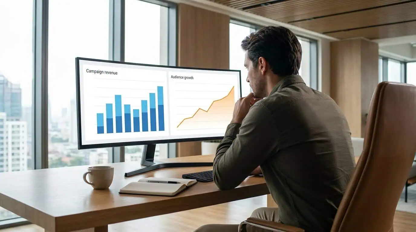 Influencer marketing ROI showing a marketing director reviewing a dashboard that displays both immediate campaign revenue and long-term owned audience value from wallet pass holders