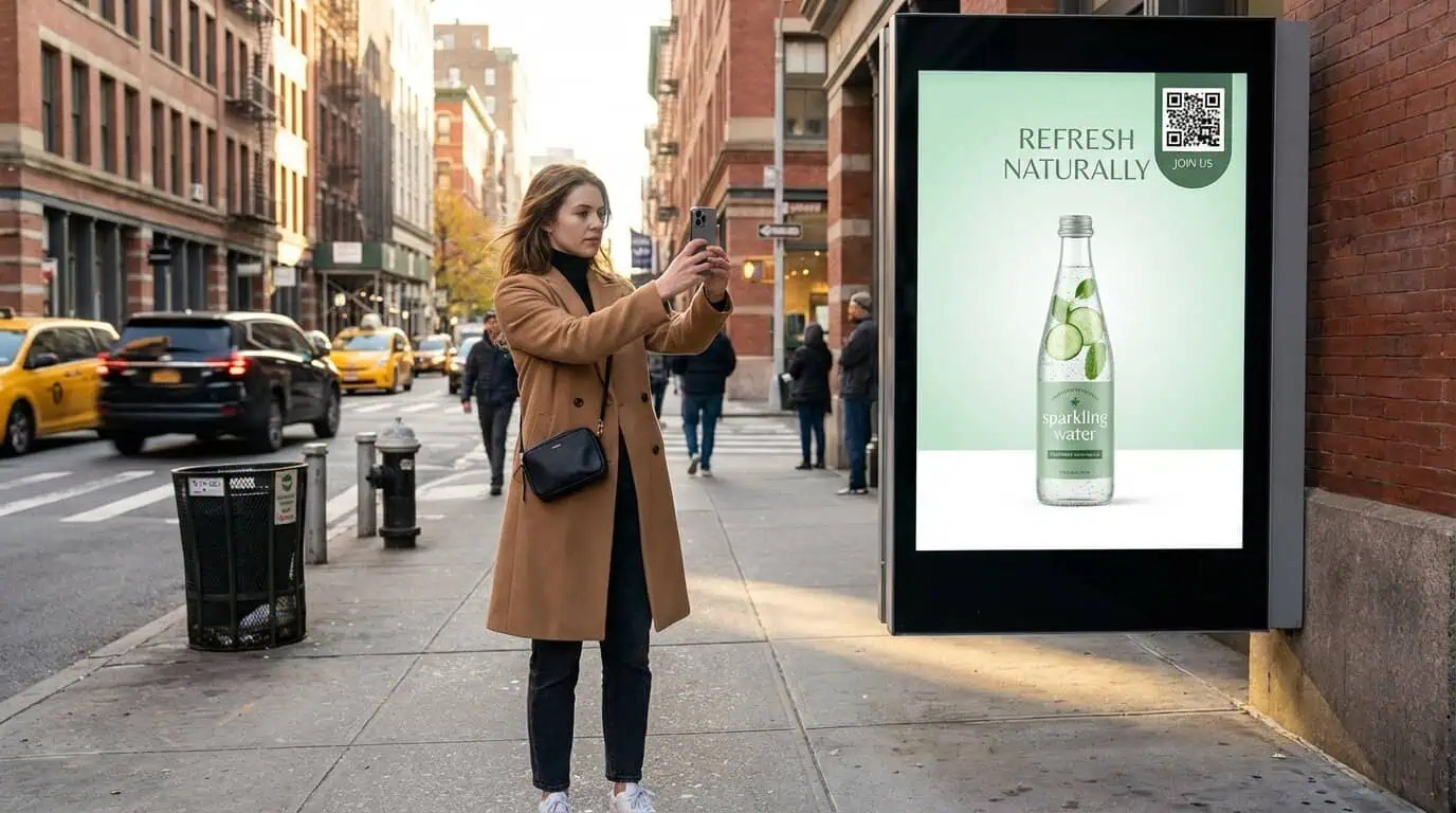 A woman on a New York street scanning a QR code on a botanical water brand advertisement using her phone's camera