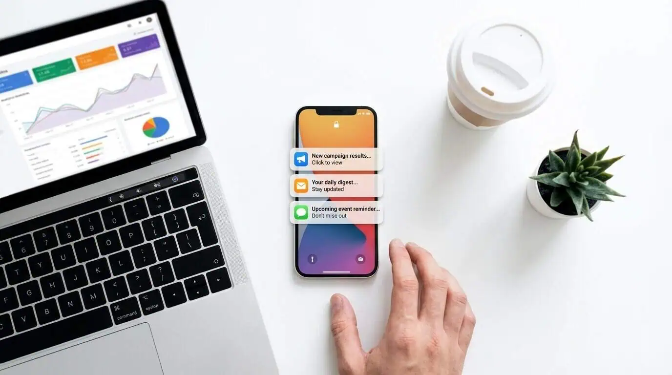 Push notification marketing messages from multiple brands displayed on a smartphone lock screen on a modern workspace desk